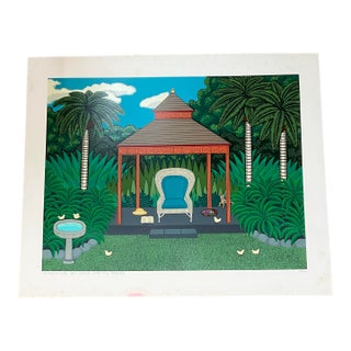 1980’s Folk Art Lithograph of a Tropical Garden With Cat “Lunchbreak” by Shigeo Okumura For Sale