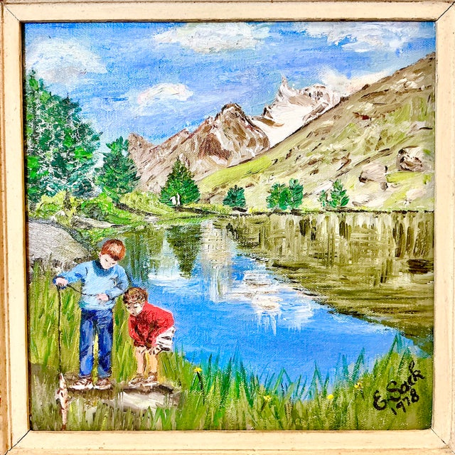 1978 Vintage Impressionist Original Oil Painting of Boys Fishing by E. Sack. For Sale - Image 10 of 10