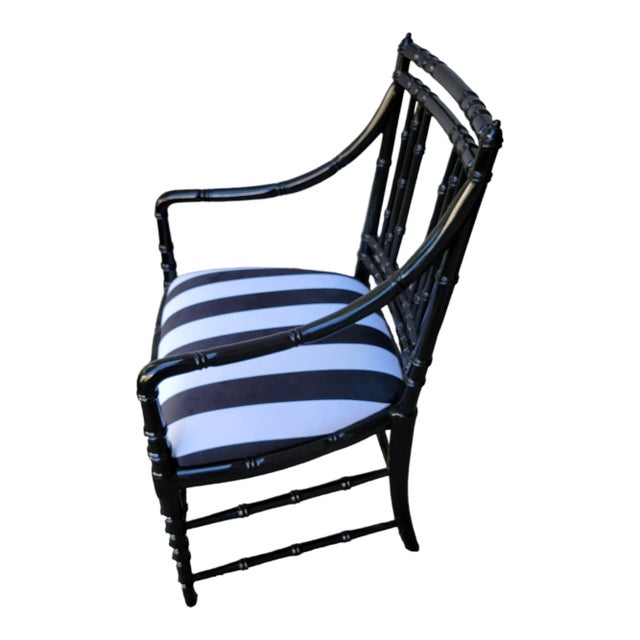 1950s 1950s Antique Faux Bamboo Armchairs in Black Lacquer and Striped Velvet Upholstery - Set of 2 For Sale - Image 5 of 13