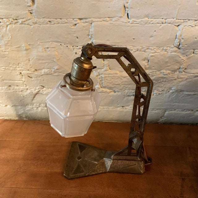 Bronze 1920s Arts & Crafts Cast Iron Table Lamp with Frosted Glass Shade For Sale - Image 8 of 10