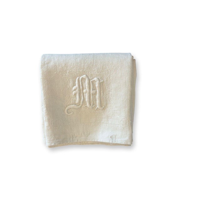 Antique French Linen Bath Towel Monogram M Oversized Damask Linen Towel 19th Century For Sale - Image 11 of 12