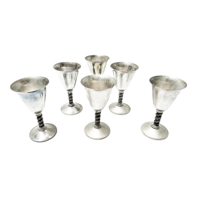 Vintage Mid Century Elegant Spanish Silver Plated Vine Wrapped Stems Goblets - 6 Pieces For Sale