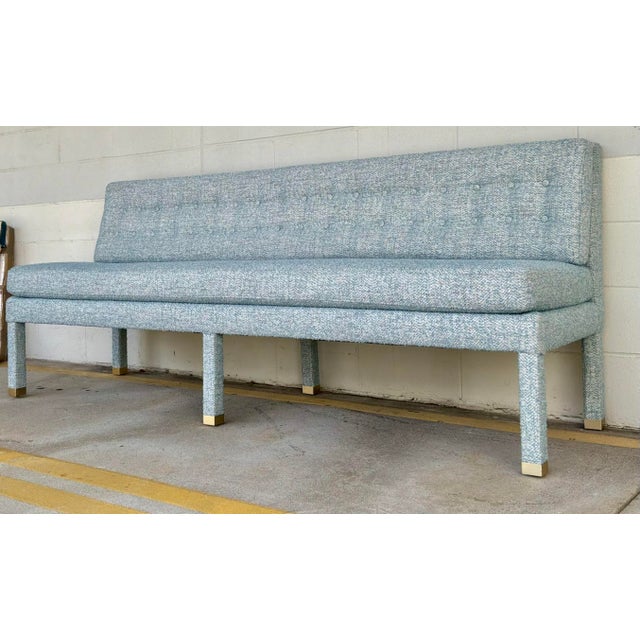 Original retail $5415, stylish Revelation Modern Blue and White Tufted Approach the Bench Banquette, satin brass ferrules,...