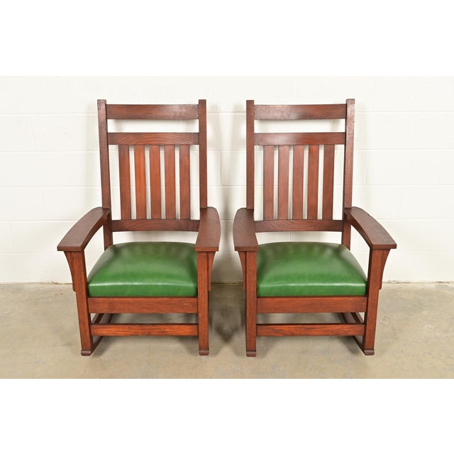 Mission Stickley Brothers Style Antique Mission Oak Arts & Crafts Rocking Chairs, Pair For Sale - Image 3 of 9