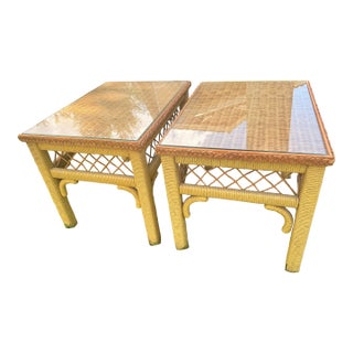 Henry Link Style Wicker & Glass Top Side Tables - A Pair For Sale