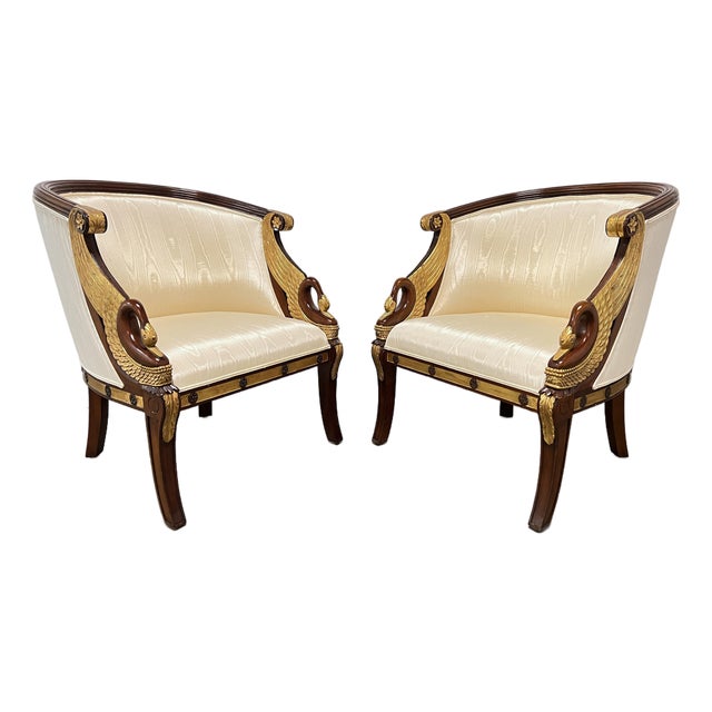 Maitland-Smith Bergère Lounge Chairs With Gilt Parcel Swan Heads - A Pair For Sale