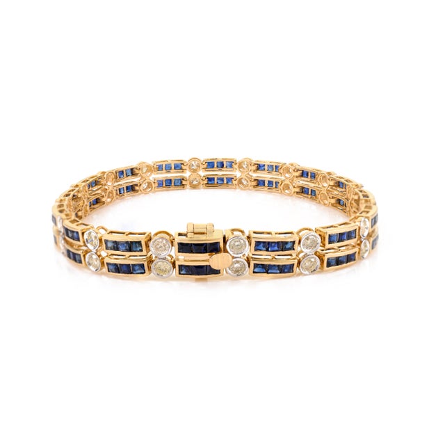 Metal 14k Yellow Gold Square Cut 6.25 Ct Sapphire Diamond Estate Tennis Bracelet for Her For Sale - Image 7 of 13
