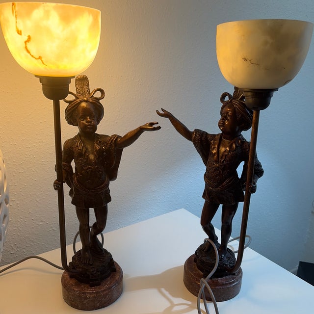 Metal Mid-20th Century Venetian Style Figural Bronze Blackamoor Table Lamps on Red Marble Bases - A Pair For Sale - Image 7 of 9