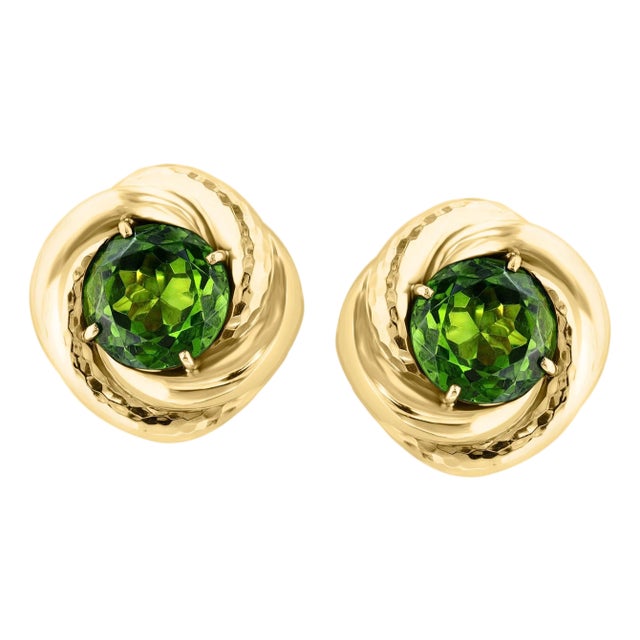 30Ct Natural Round Peridot Earrings by Andrew Clunn in 18 Kt Hammered Gold, Clip For Sale