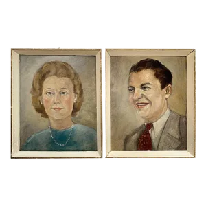 Vintage Couple Portrait Paintings Dated 1946 Germany - A Pair