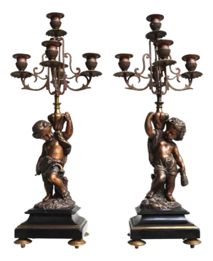Antique French Rococo Spelter Candelabras with Cherubs, Late 19th Century, Set of 2