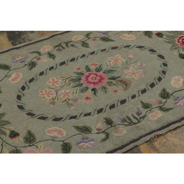 Antique Hooked Rug With Floral Medallions in Soft Sage Green - Rug & Kilim For Sale In New York - Image 6 of 7
