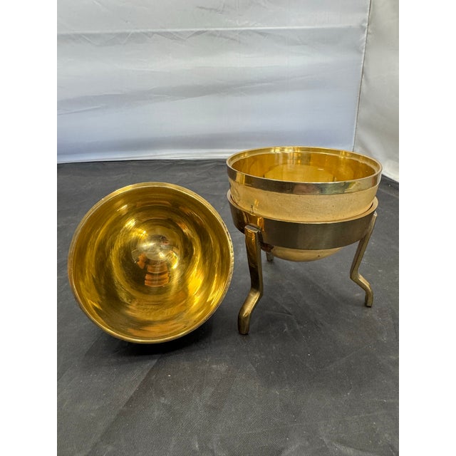 Mid 20th Century Vintage Gold Beige Cloisonne Enamel Brass Egg on Stand Lift Off Trinket Box 6" For Sale - Image 5 of 10