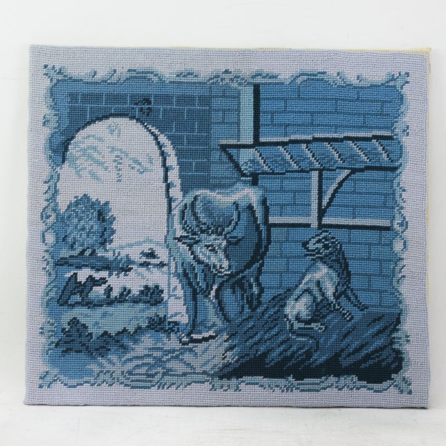 Blue Vintage Blue and White Needlework Pastoral Farm Scene With Cow and Dog Textile Wall Art For Sale - Image 8 of 8