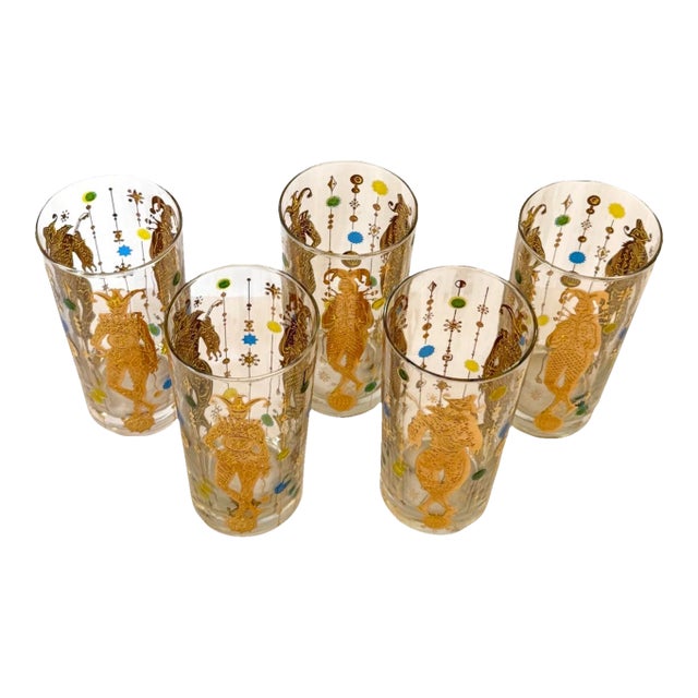 1960s MCM Culver Harlequin Mardi Gras 22k Gold Highball Glasses; Set of 5 For Sale