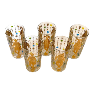 1960s MCM Culver Harlequin Mardi Gras 22k Gold Highball Glasses; Set of 5
