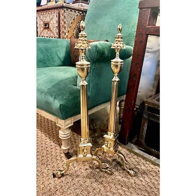 This is a classic pair of American Federal c. 1800 Solid Brass Andirons. The andiron are of classical form but are...