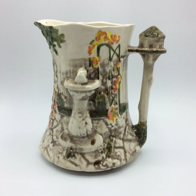 Majolica Garden Scene Jug Pitcher by Flora & Fauna Staffordshire Style England For Sale - Image 12 of 12