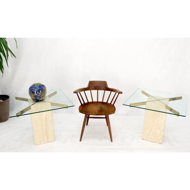 Mid-Century Modern Pair of Mid-Century Modern Travertine & Brass Bases Square Glass Tops End Tables For Sale - Image 3 of 11