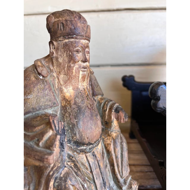 Fine 19th Century Polychrome Painted Carved Chinese Immortal Deity in the Large Wood Throne For Sale - Image 4 of 12