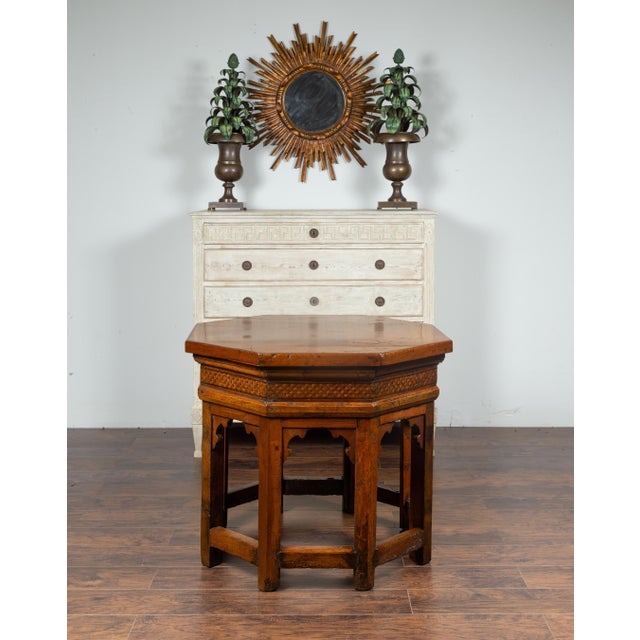 Wood Italian 19th Century Walnut Octagonal Table with Inlaid Trompe-l'Œil Motifs For Sale - Image 7 of 12