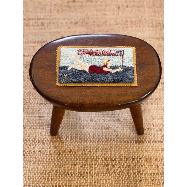 Wood Antique Footstool With Hand Hooked Detailed Top For Sale - Image 7 of 8