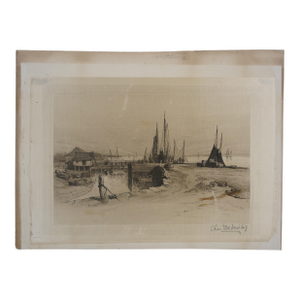 Antique Charles Frederick Mielatz Signed Sailboat Harbor Etching on Silk 20"