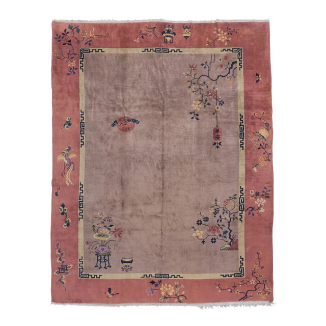 Antique Circa 1920's Taupy-Gray Chinese Art Deco Hand Knotted Rug 8'10 X 11'2 For Sale
