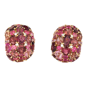 1990s Large Pink Tourmaline Diamond Earrings Wide Dome 18k Gold Vintage Fine Jewelry- 2 pieces