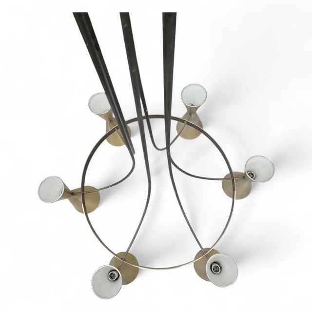 Mid 20th Century Mid-Century Modern Brass & Black Metal Chandelier With Sculptural Trumpet Shades For Sale - Image 5 of 8