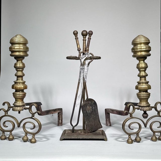 Antique Federal Style Brass and Iron Fireplace Set—Five Pieces For Sale - Image 14 of 14