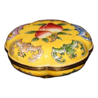 Cloisonné Enamel Trinket Box | Yellow Peach & Bat Motif | 2.5" Wide For Sale