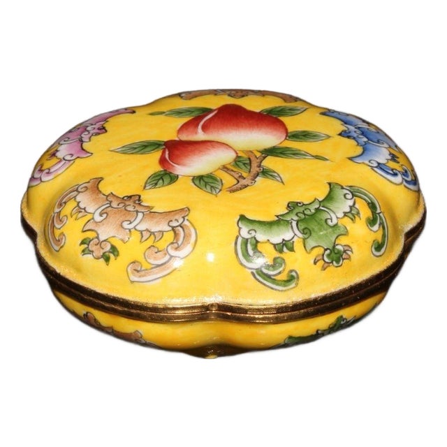 Cloisonné Enamel Trinket Box | Yellow Peach & Bat Motif | 2.5" Wide For Sale