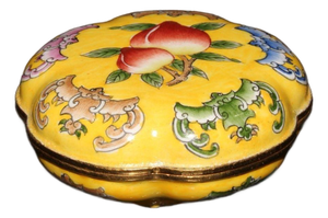 Cloisonné Enamel Trinket Box | Yellow Peach & Bat Motif | 2.5" Wide