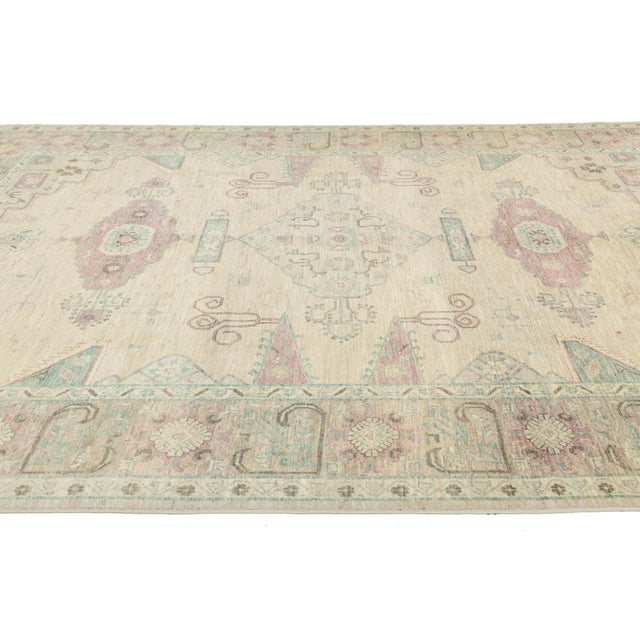2020s Hand-Knotted Serapi-Inspired Modern Wool Rug in Muted Pastels and Sand 11x13 For Sale - Image 5 of 9