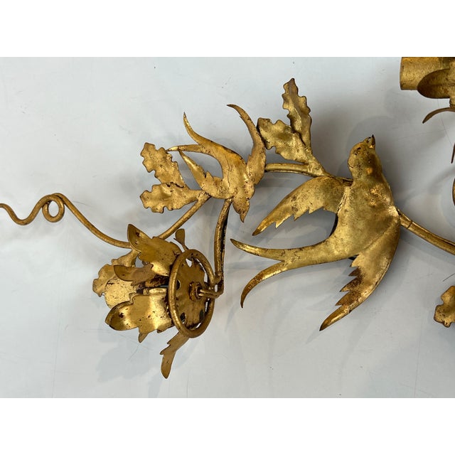 Gold 1970s French gilded metal bird wall sconces in the style of Maison Baguès - a Pair For Sale - Image 8 of 12