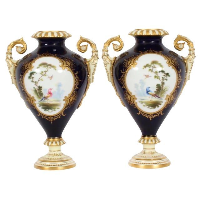 Antique Coalport Vases in Cobalt Blue by A. Perry, 1890s, Set of 2 For Sale