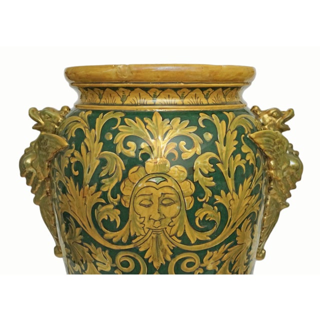 Green Large Late 20th Century Robbia Gualdo Tadino Italy Luster Pottery Dragon Handles Entryway Vase For Sale - Image 8 of 8