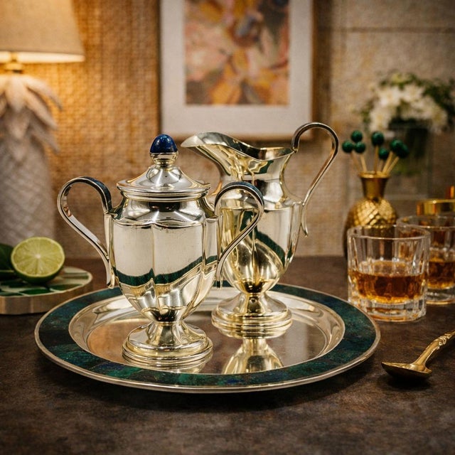 Mexican 1960s Los Castillo Taxco Silver Azurite Malachite Creamer Sugar Tray Set, Mexican Mod For Sale - Image 3 of 18