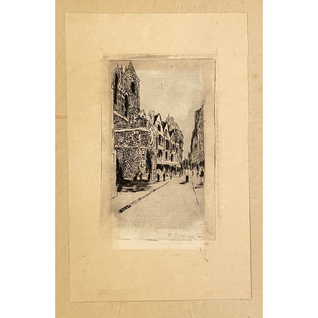 1920s etching by W.S. Edinlaw of The Old House on Cloth Fair in London. In original paper mat with an inscription in the...