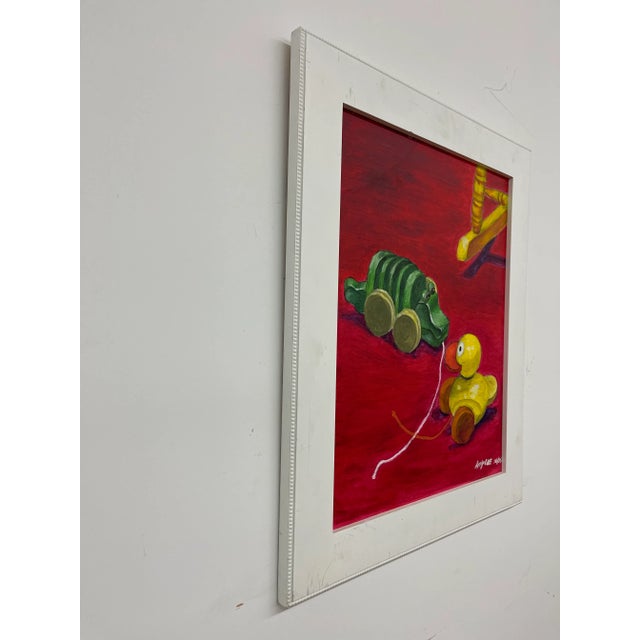 Charming and nostalgic,this original painting by artist Amy Lee (signed and dated 10/06) depicts two classic wooden pull...