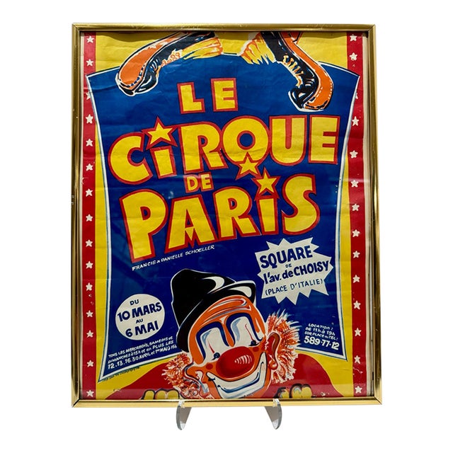 Vintage French Le Cirque De Paris Circus Clown Advertising Poster Framed For Sale