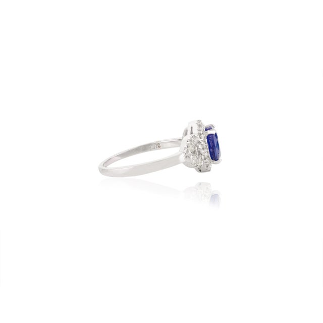 Handcrafted 14k White Gold 1.51ct Blue Sapphire Diamond Cluster Engagement Ring Size 7 For Sale In New York - Image 6 of 12