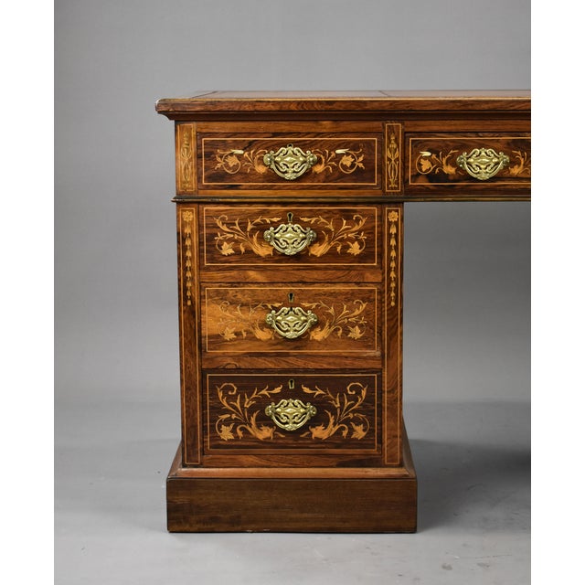 19th Century Victorian English Rosewood & Marquetry Writing Table For Sale - Image 3 of 14