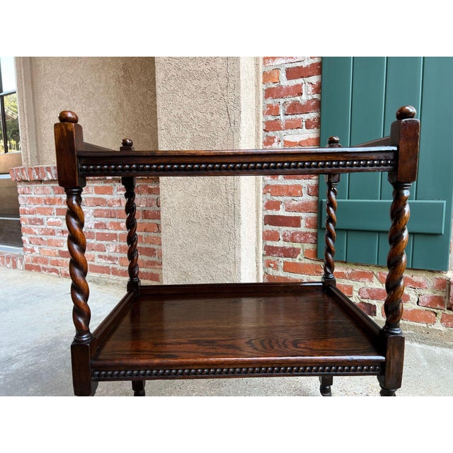 Antique English Barley Twist Tea Trolley Bar Cart Table Tiger Oak Dumbwaiter For Sale - Image 4 of 18