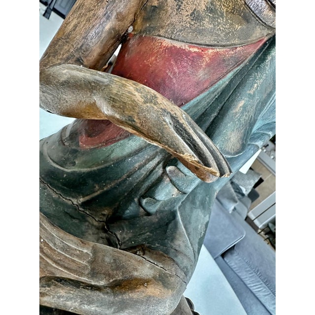 Antique Burmese Buddhist Monk Polychrome Wood Carving Statue For Sale - Image 12 of 18