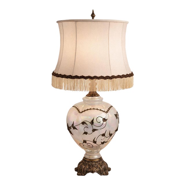 Vintage Hollywood Regency Opaline Glass Table Lamp With Metal Filigree, Circa 1960s–1970s For Sale