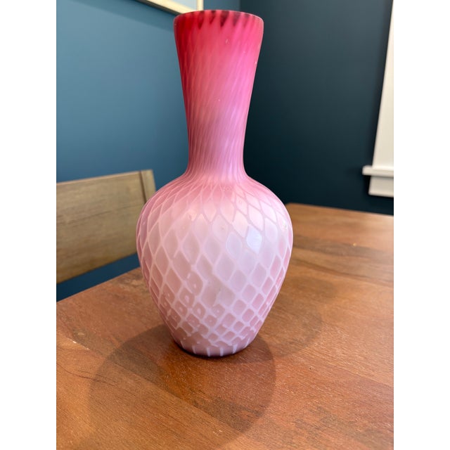 Antique Victorian Pink Cased Diamond Quilted Satin Glass Vase and Tumbler Pair Set For Sale In Seattle - Image 6 of 7