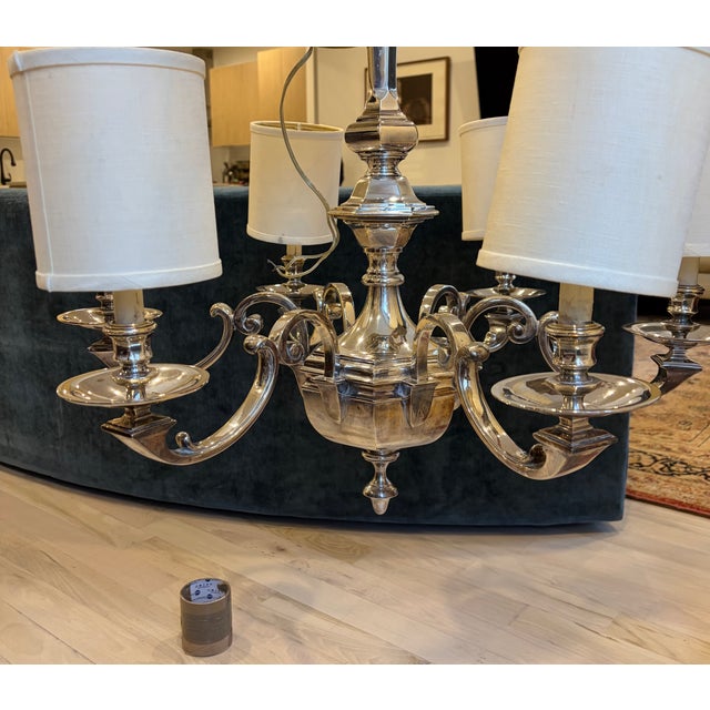 Georgian-revival style sterling chandelier with a faceted baluster stem and scrolled arms. Can also be sold with ivory...