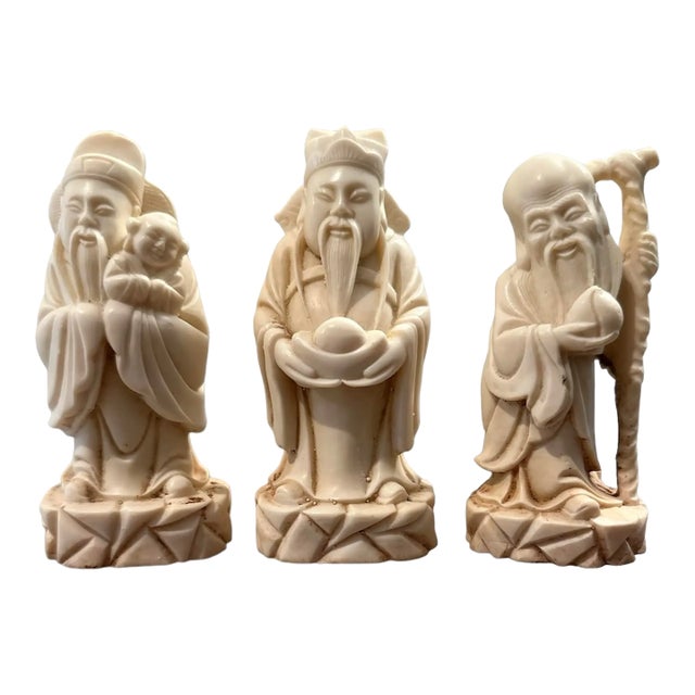 Vintage Carved Resin Chinese Sanxing Deity Figurines, Fuk, Luk, and Sau, Taoist Icons of Blessings, Prosperity and Longevity- Set of 3 For Sale